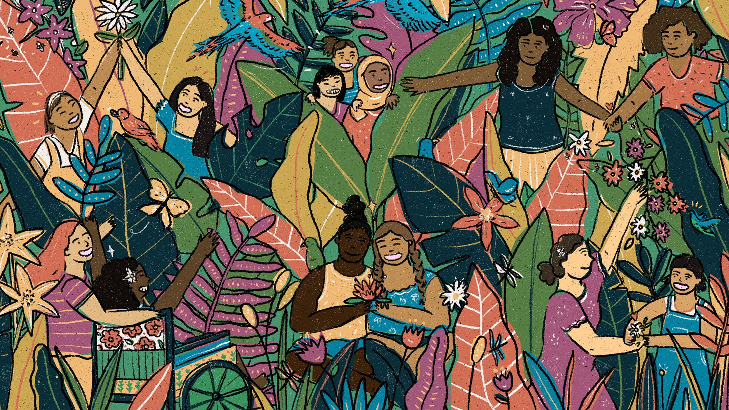 Orchid Project: Illustration of girls in an abstract jungle